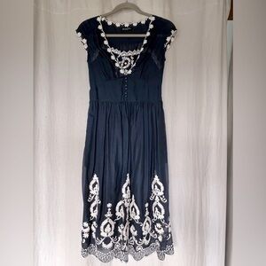 Massimo Dutti 2-Piece Navy Cotton/Silk Voile Midi Dress with Ivory Embroidery